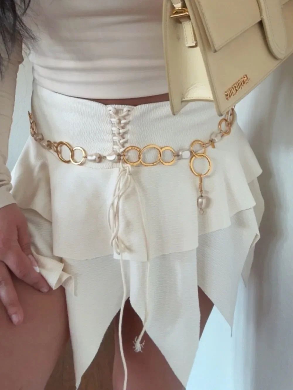 Cream Layered Lace-Up Mini Skirt